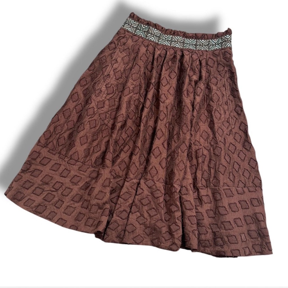 MAEVE Anthropologie Chocolate Brown Appliqué Embroidered Boho Midi Skirt 4 - Picture 3 of 8